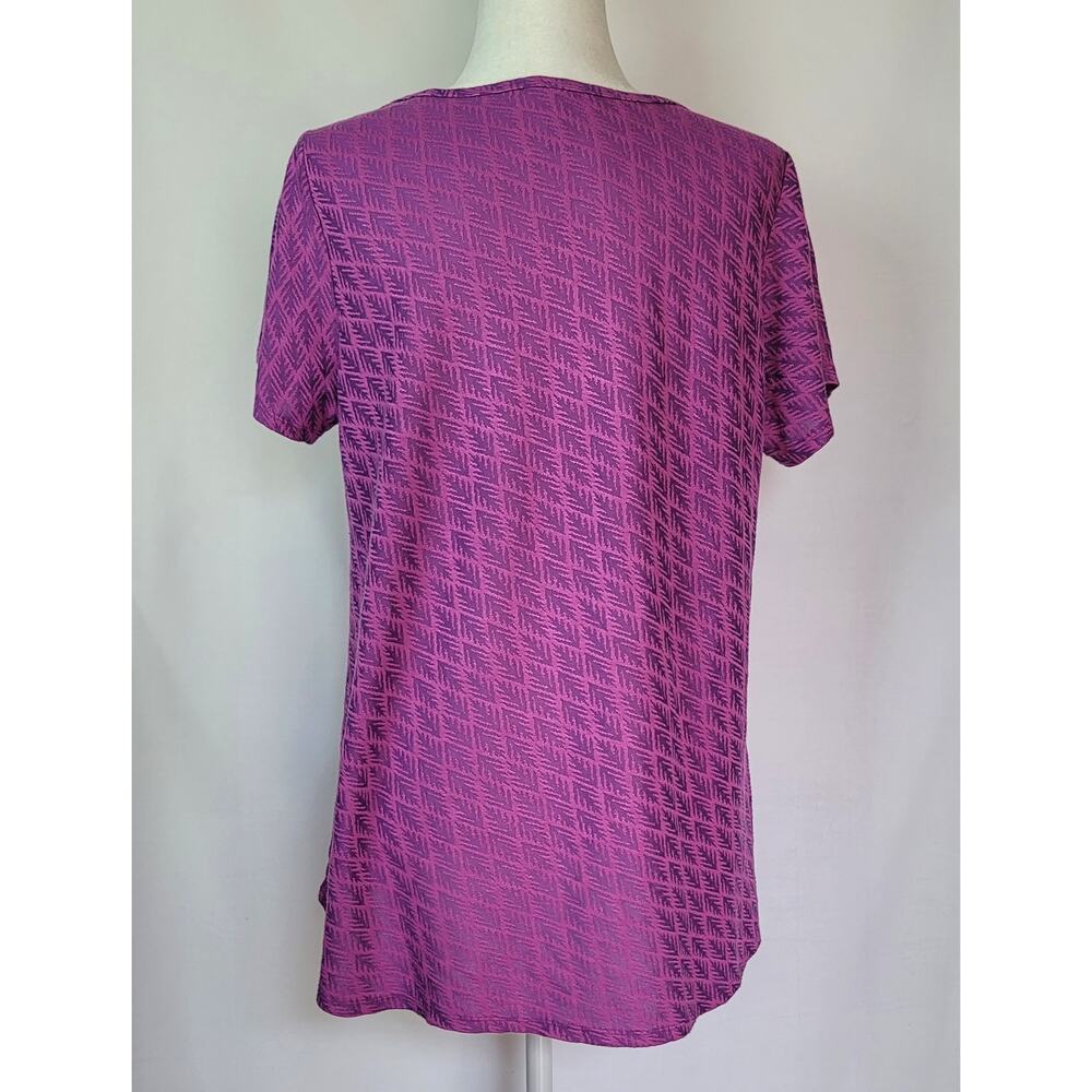 LuLaRoe Purple Feathers Short Sleeve Tunic Top Women's Size Large High-Low Hem - Picture 3 of 9
